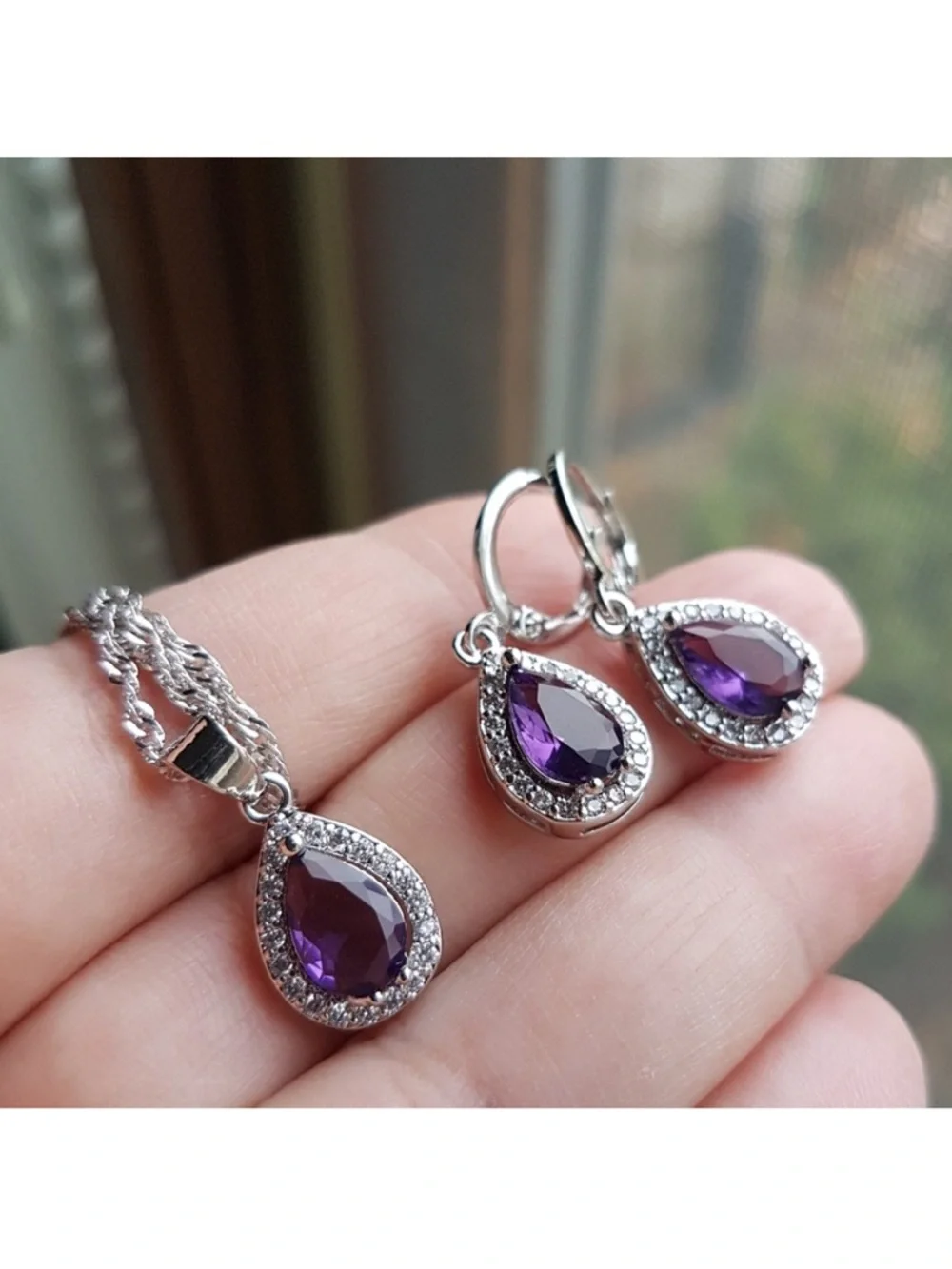 Swarovski Elements 925 Sterling Silver Amethyst Purple Teardrop Ring NEW